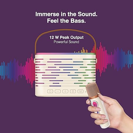 fingers karaokestar k4 portable speaker with wireless mic (12 w peak output, rgb lights on both speaker & mic, 9 hour playtime, bluetooth | fm radio | microsd | aux, multi point pairing), rich white fingers karaokestar k4 portable speaker with wireless mic (12 w peak output, rgb lights on both speaker & mic, 9 hour playtime, bluetooth | fm radio | microsd | aux, multi point pairing), rich white