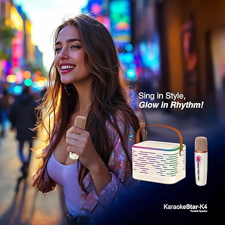 fingers karaokestar k4 portable speaker with wireless mic (12 w peak output, rgb lights on both speaker & mic, 9 hour playtime, bluetooth | fm radio | microsd | aux, multi point pairing), rich white fingers karaokestar k4 portable speaker with wireless mic (12 w peak output, rgb lights on both speaker & mic, 9 hour playtime, bluetooth | fm radio | microsd | aux, multi point pairing), rich white